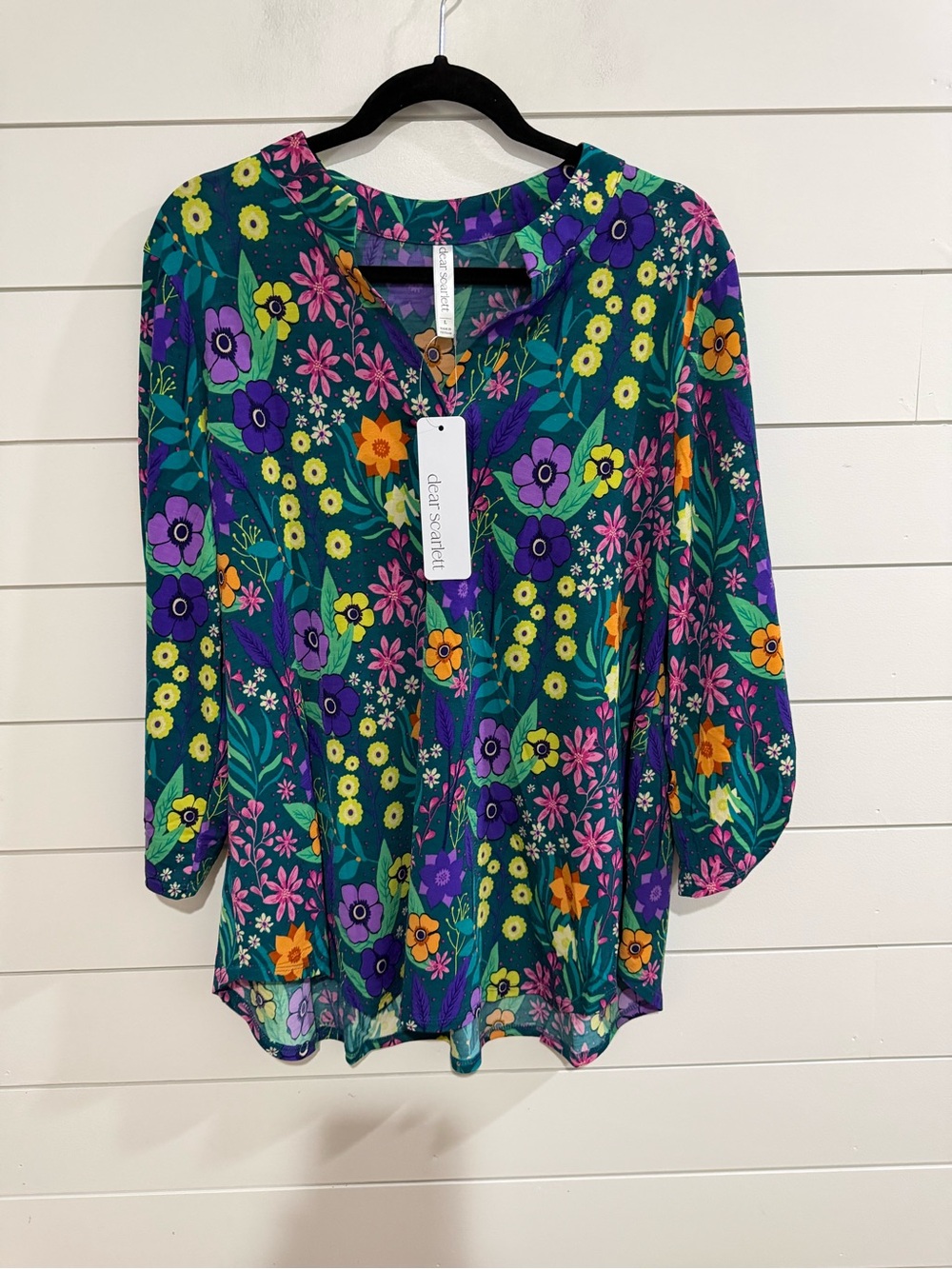Dear Scarlett Green Floral V-Neck Blouse with Purple and Orange Accents
